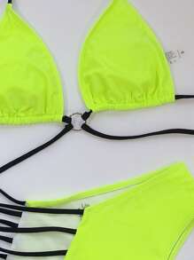 Neon Lime Ladder Cut-Out Triangle Bikini Set, For Summer Beach Vacation - Lime Green - View 4