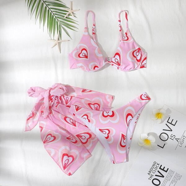 

3pack Heart Print Underwire Bikini Swimsuit, Pink