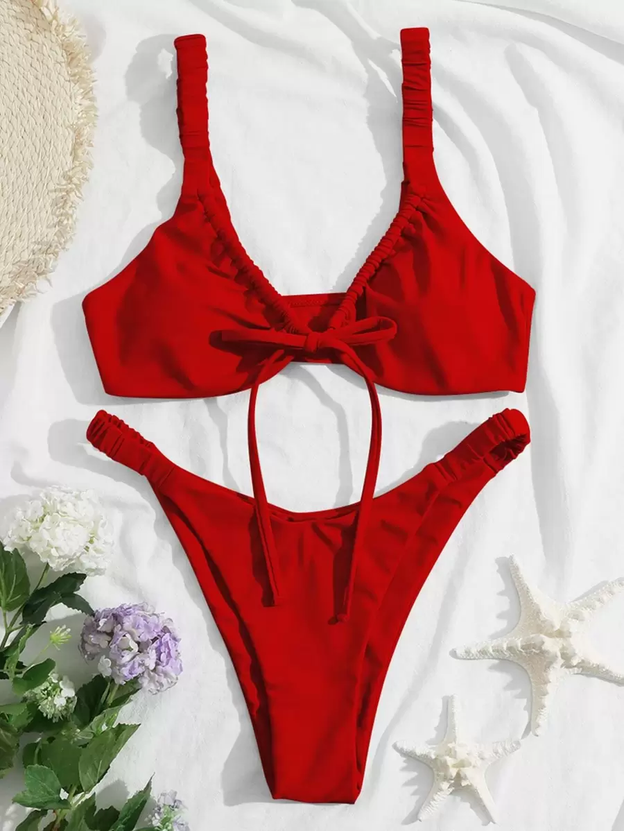 Bikini à coupe haute avec nœud devant pour les vacances d'été à la plage - Rouge - Voir 1