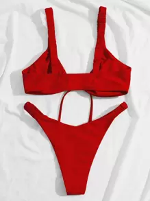 Bikini à coupe haute avec nœud devant pour les vacances d'été à la plage - Rouge - Voir 2