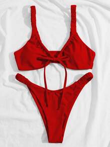 Bikini à coupe haute avec nœud devant pour les vacances d'été à la plage - Rouge - Voir 3