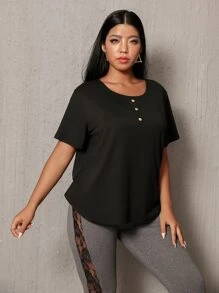 Plus Button Front Solid Tee - Black - View 1