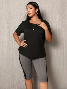 Plus Button Front Solid Tee - Black - View 3