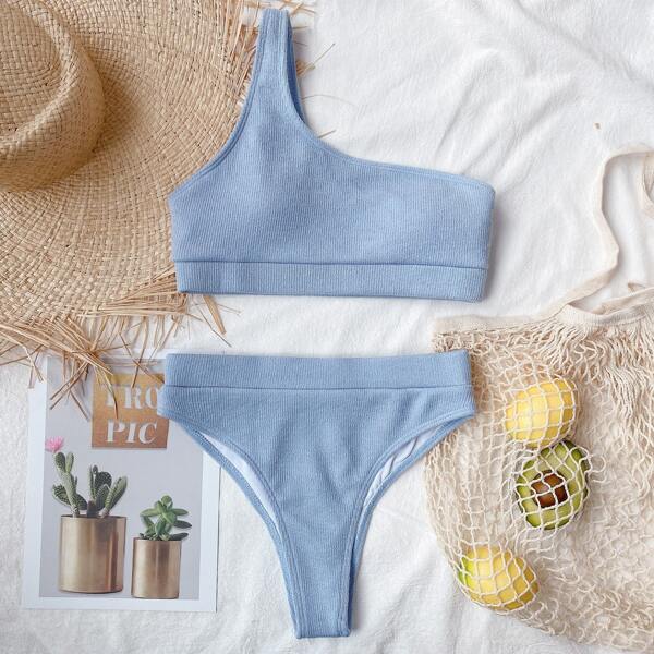 

Rib One Shoulder Bikini Swimsuit, Baby blue