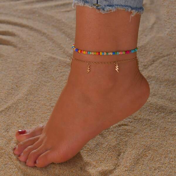 

2pcs Bead Decor Anklet, Multicolor
