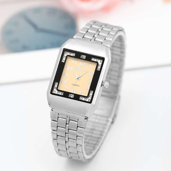

Rhinestone Decor Square Pointer Quartz Watch