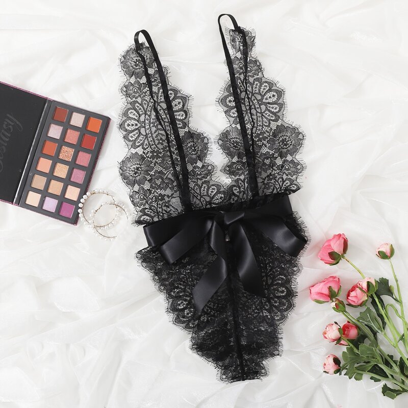 

Lace Teddy Bodysuit With Belt, Black