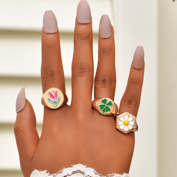 

3pcs Flower Pattern Ring, Multicolor