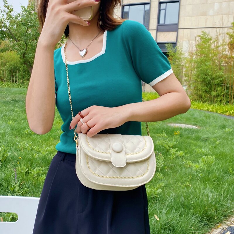 

Quilted Chain Crossbody Bag, Beige