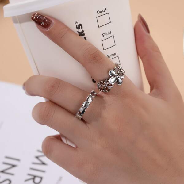 

2pcs Flower Decor Ring, Silver