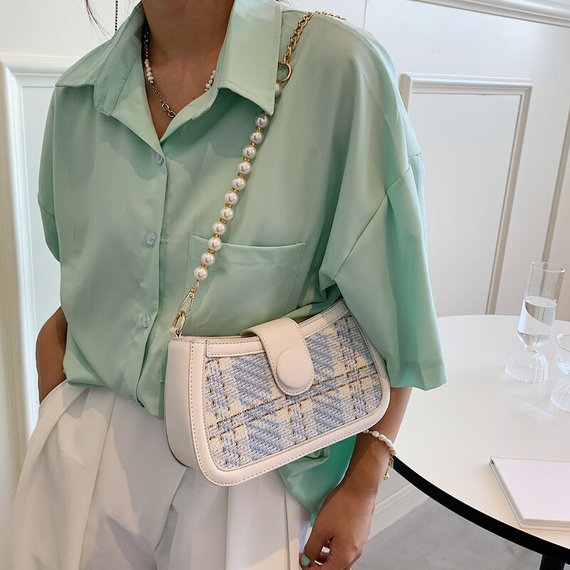 

Faux Pearl Decor Shoulder Bag, Blue and white