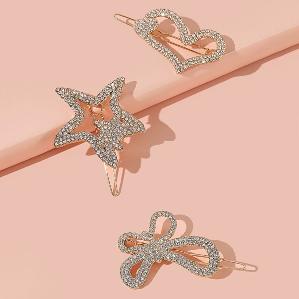 

3pcs Girls Rhinestone Decor Hair Clip, Gold