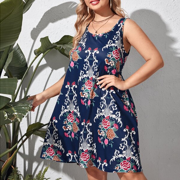 

Plus Criss-cross Floral Print Tank Dress, Navy blue