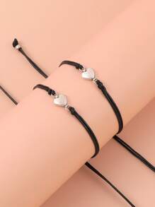 2pcs Heart Decor Bracelet - Black - View 2
