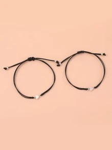 2pcs Heart Decor Bracelet - Black - View 3