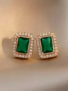 Andkiss Rhinestone Decor Stud Earrings - Green - View 2