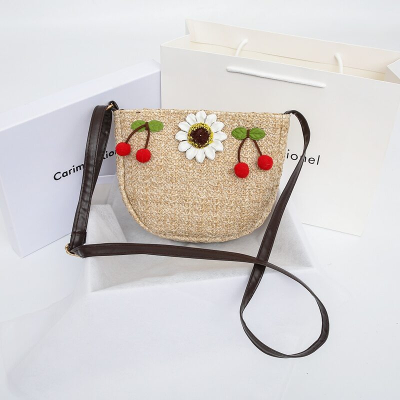 

Cherry & Flower Decor Straw Bag, Khaki