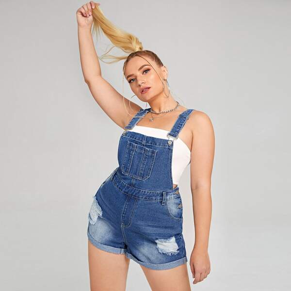 

Plus Patch Pocket Ripped Roll Hem Denim Overall Shorts, Medium wash