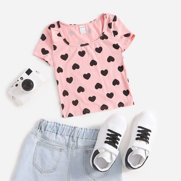 

Girls Allover Heart Print Tee, Baby pink