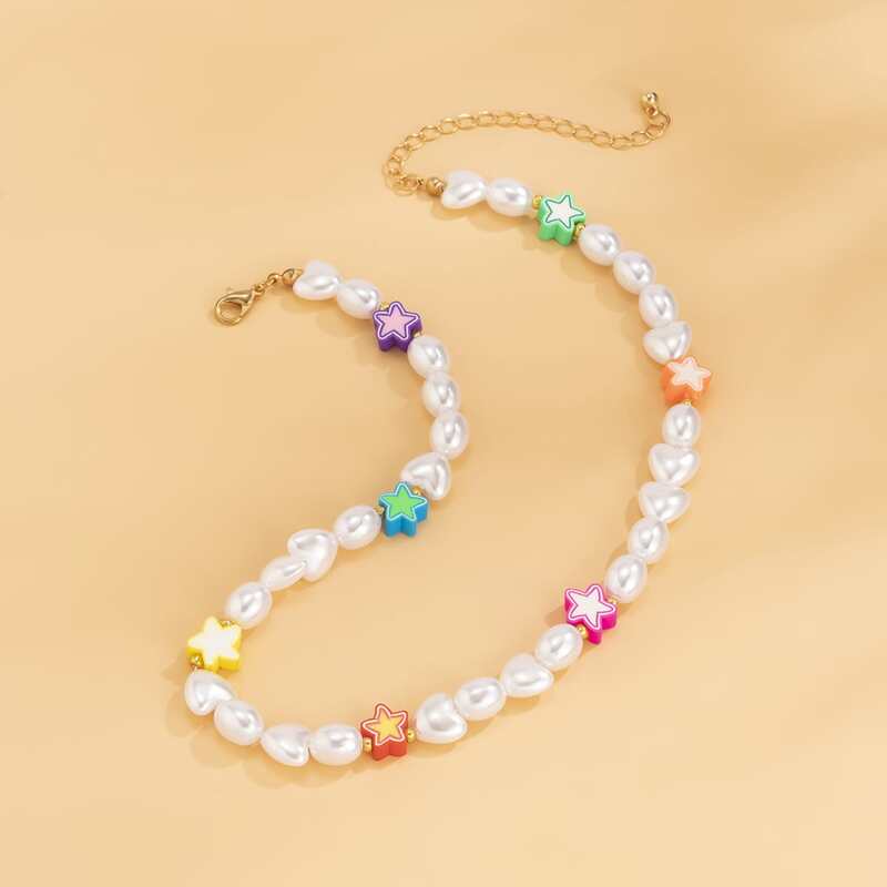 

Faux Pearl & Star Beaded Necklace, Multicolor