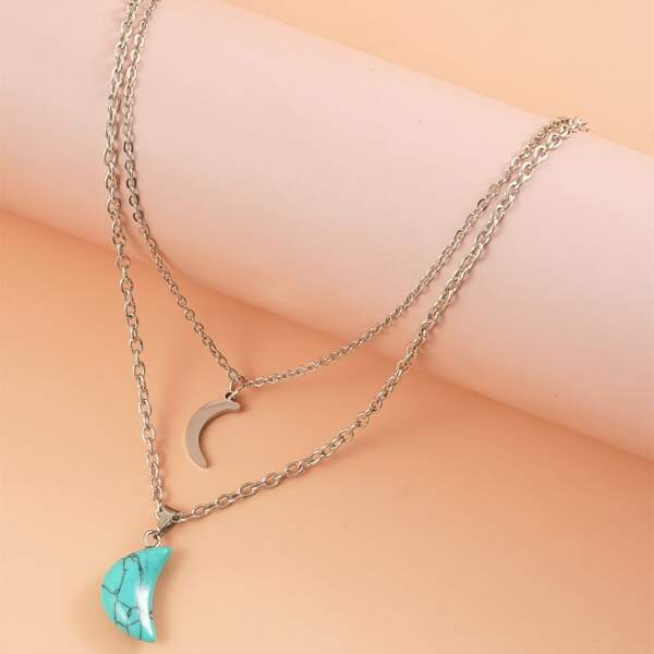 

Moon Charm Layered Necklace, Green