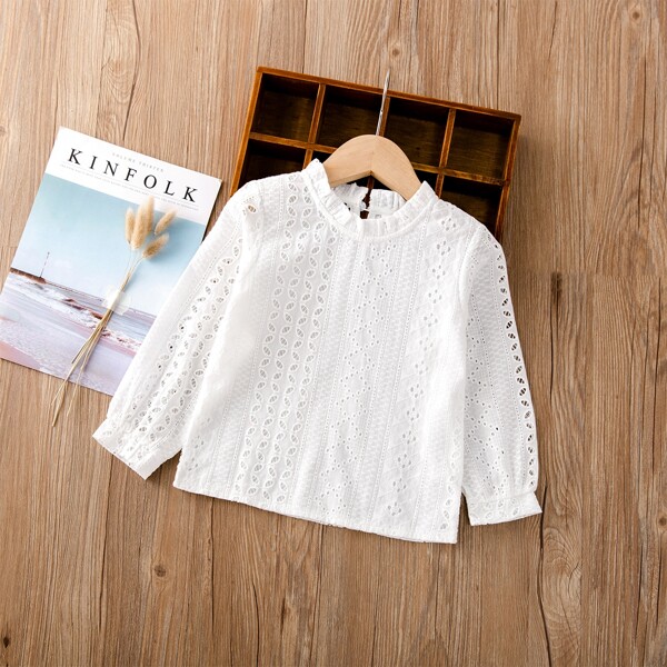 

Eyelet Embroidery Keyhole Back Mock Neck Blouse, White