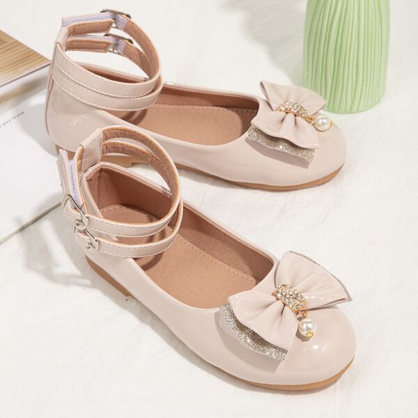 

Girls Bow Decor Ankle Strap Flats, Apricot