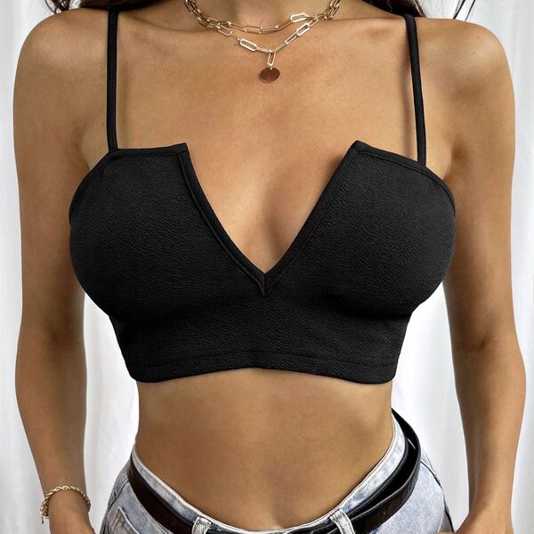 

Solid Notch Neck Cami Crop Top, Black