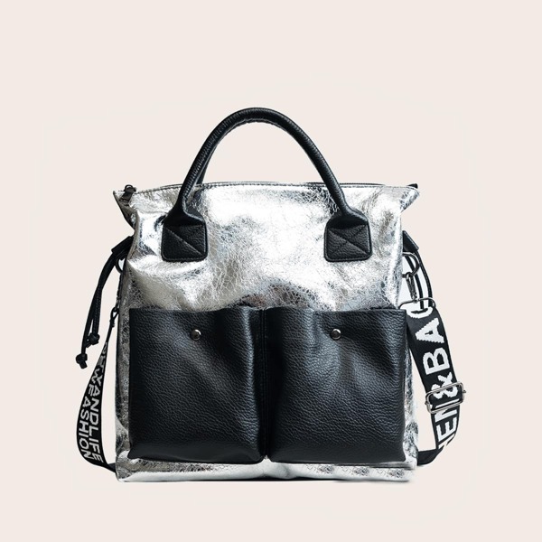 

Two Tone Pocket Front Tote Bag, Silver