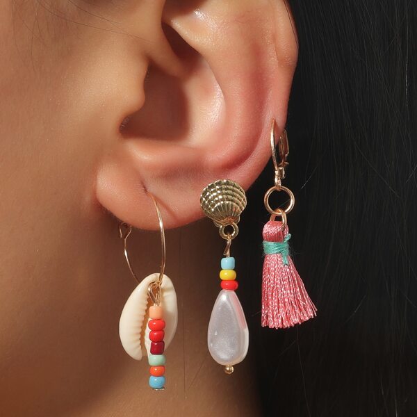 

3pcs Shell & Tassel Decor Earrings, Multicolor