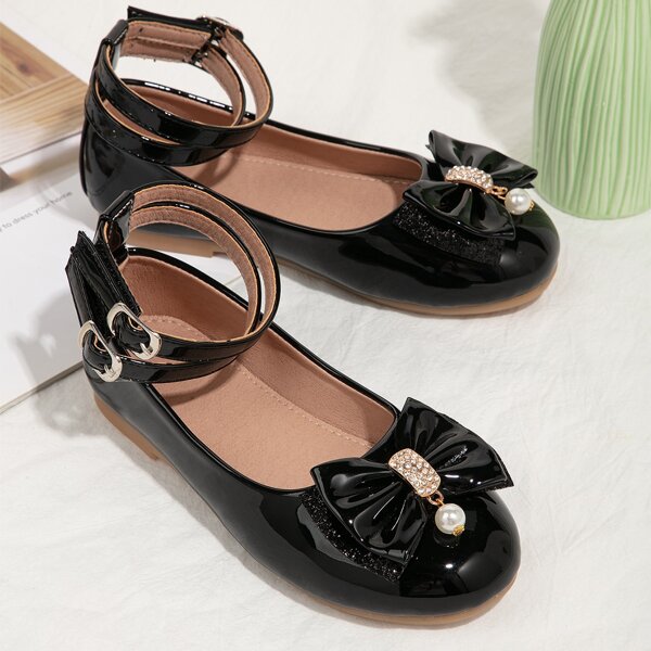 

Girls Bow Decor Ankle Strap Flats, Black