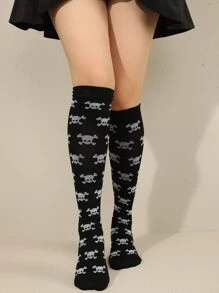 Calcetines sobre la rodilla con estampado de cráneo - Negro - Ver 1