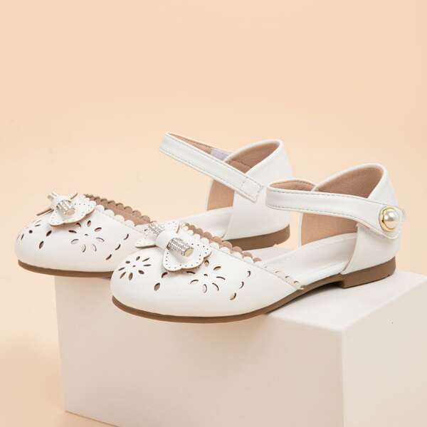 

Girls Bow Decor Hollow Out Flats, White