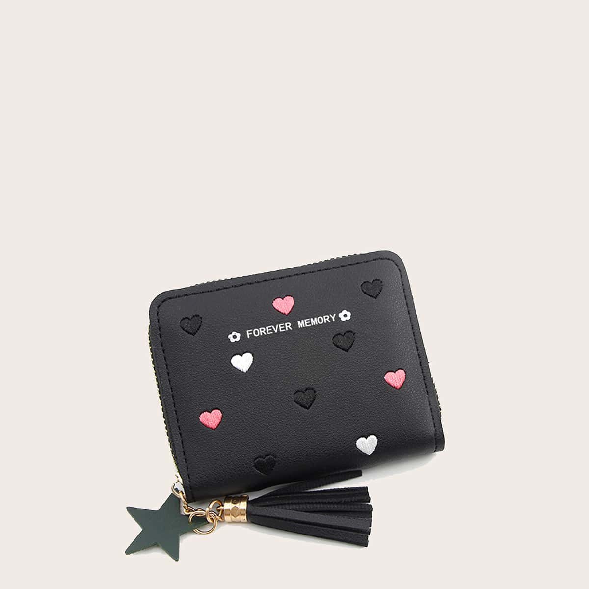 

Heart Embroidery Zip Purse, Black