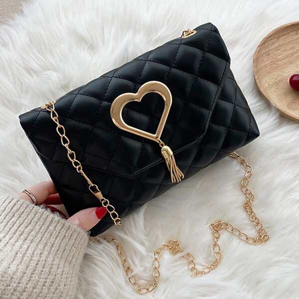 

Metal Tassel Decor Quilted Chain Bag, Black