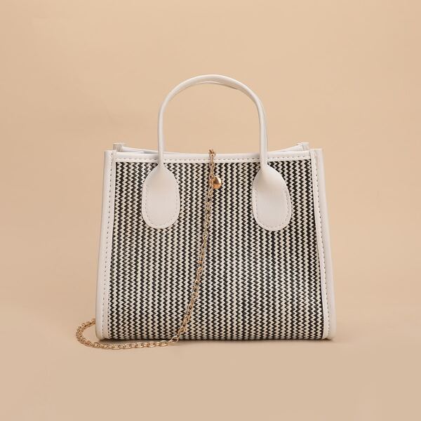

Chevron Pattern Chain Satchel Bag, Black and white