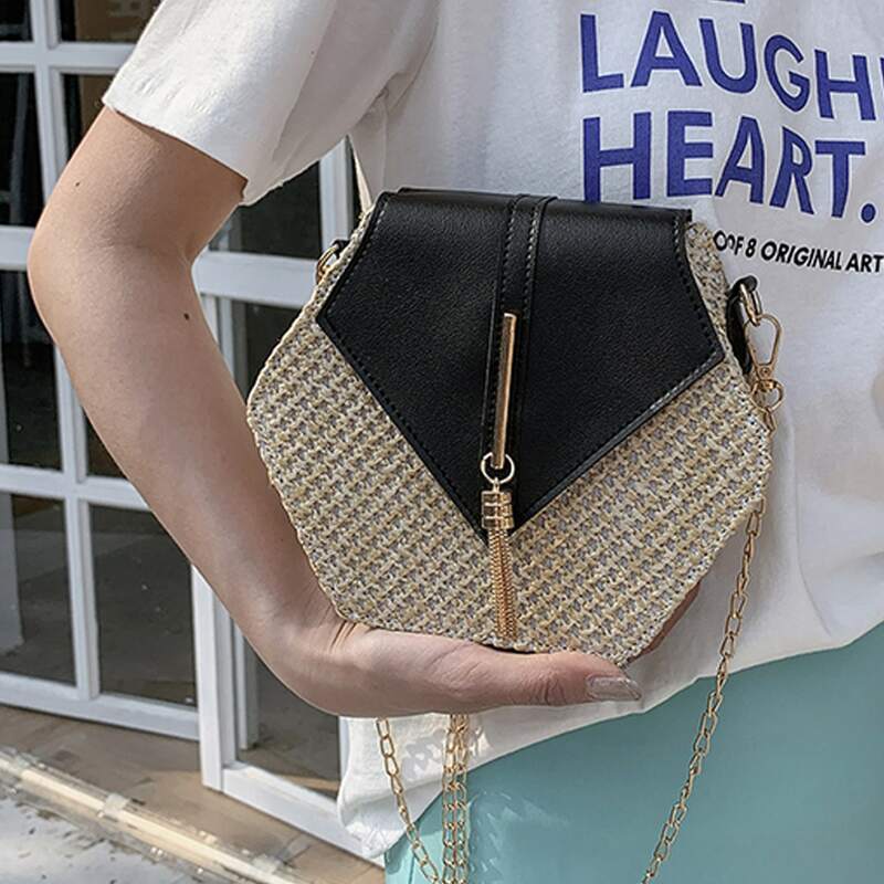 

Metal Tassel Charm Woven Chain Bag, Black