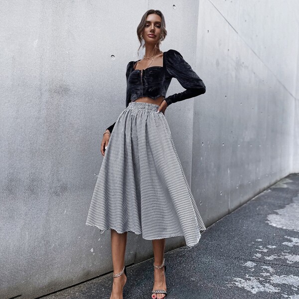 

Gingham Print Elastic Waist Skirt, Black and white
