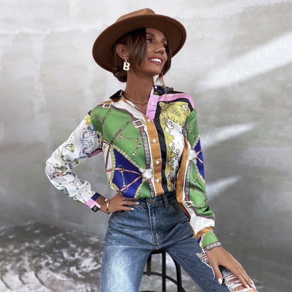 

Chain Print Button Through Blouse, Multicolor
