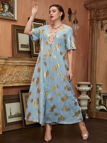 Al Najma Plus Floral Fringe Trim Tunic Dress - Baby Blue - View 1