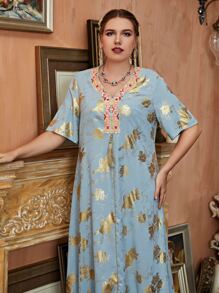 Al Najma Plus Floral Fringe Trim Tunic Dress - Baby Blue - View 4