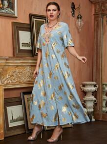 Al Najma Plus Floral Fringe Trim Tunic Dress - Baby Blue - View 6