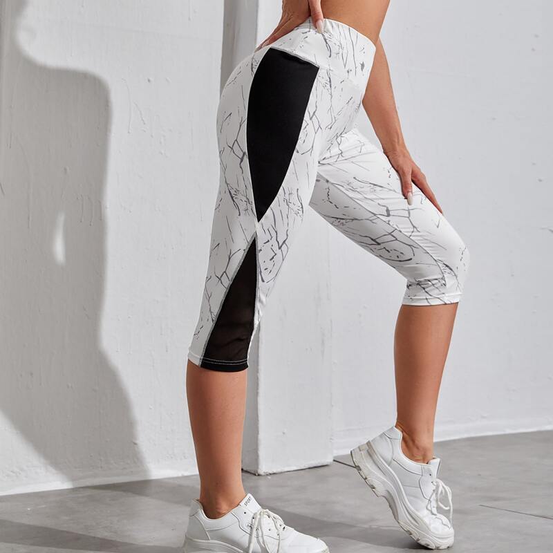 

Marble Print Colorblock Capris Sports Leggings, White