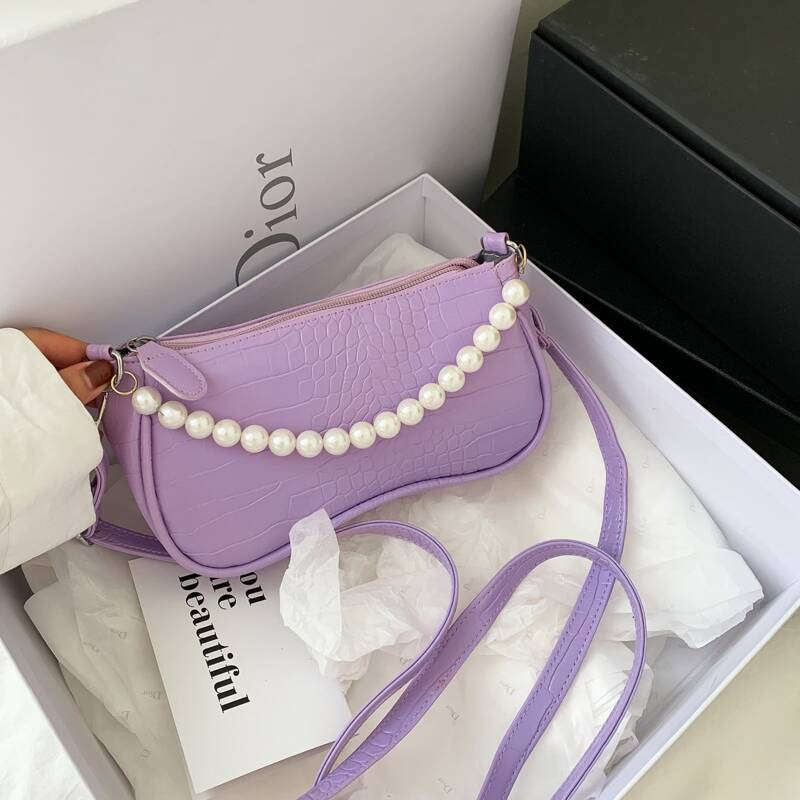 

Faux Pearl Croc Embossed Satchel Bag, Purple