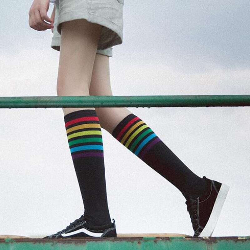 

Rainbow Striped Over The Calf Socks, Black