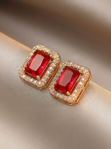 Andkiss Rhinestone Decor Stud Earrings - Red - View 1