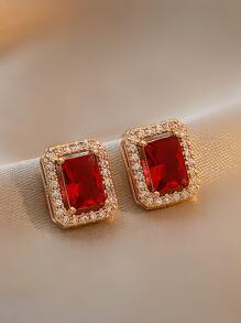 Andkiss Rhinestone Decor Stud Earrings - Red - View 2