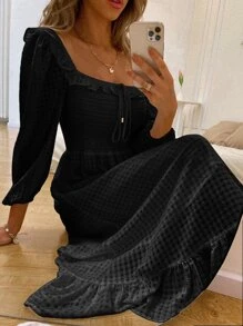 Square Neck Shirred Bodice Milkmaid Dress - Black - View 1