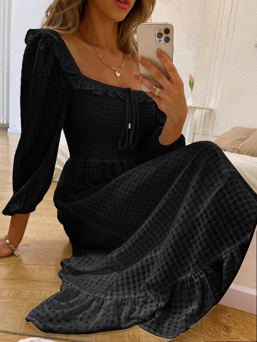 Square Neck Shirred Bodice Milkmaid Dress - Black - View 1