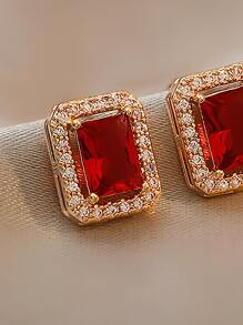 Andkiss Rhinestone Decor Stud Earrings - Red - View 3